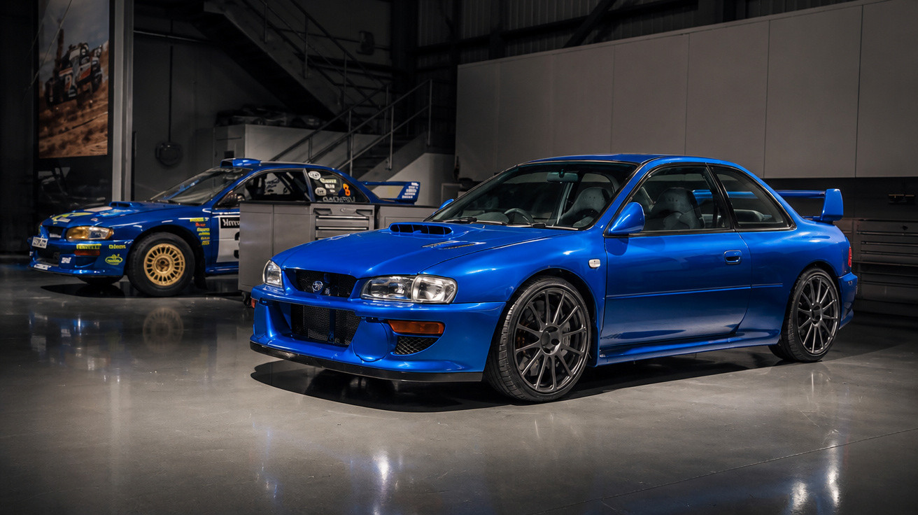 Zwei blaue Subaru Impreza Sportwagen in einer Halle, einer vorne modern, der andere hinten als Rallye-Version.