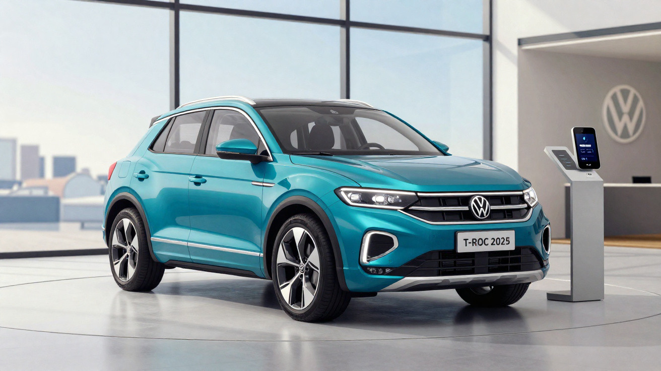 Blauer Volkswagen T-Roc 2025 im Showroom neben Ladestation mit großem Fenster im Hintergrund.