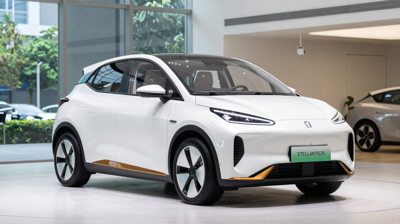 Weißer kompakter Elektro-SUV mit modernem Design im Showroom, Modell Stellantis25.