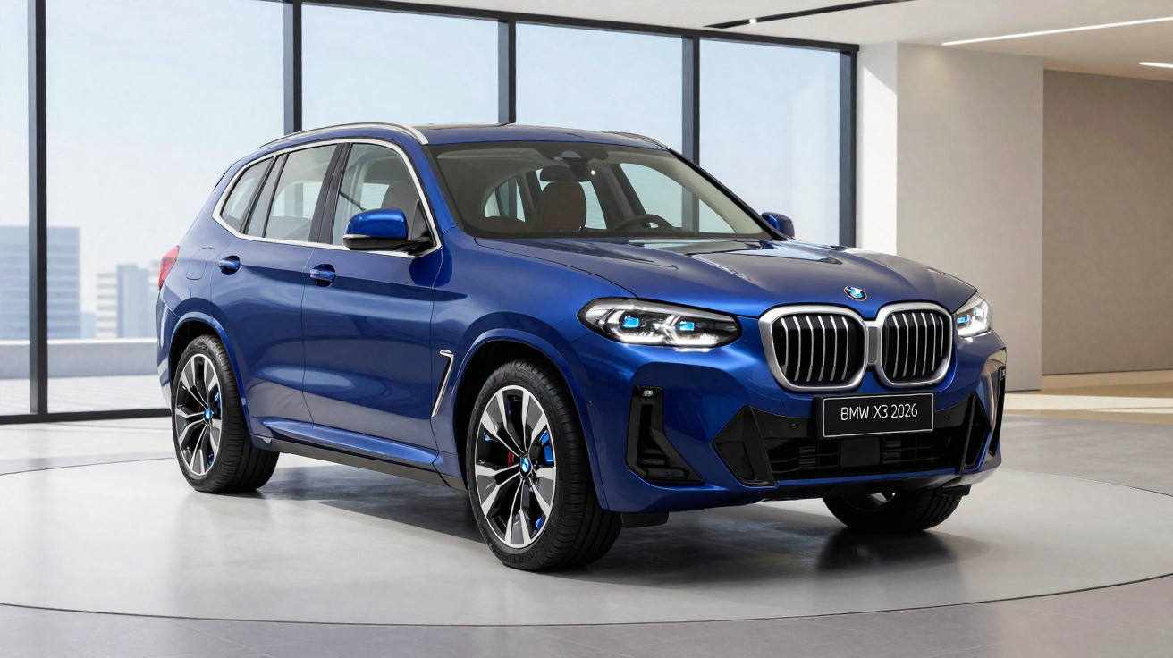 Blauer BMW X3 2026 SUV in modernem Showroom mit großen Fenstern und hellem Innenraum.