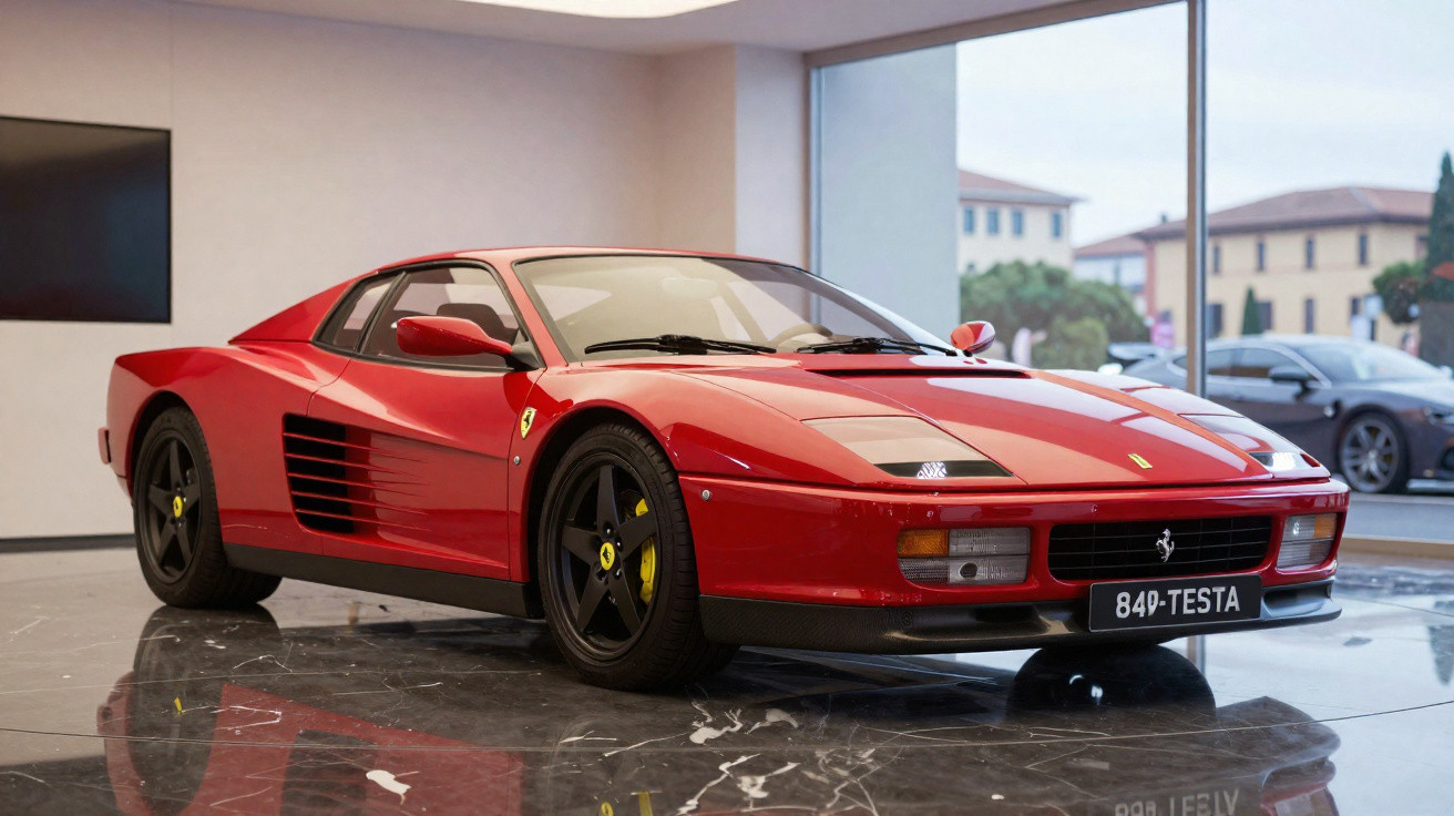 Roter Ferrari 512 TR Sportwagen in moderner Ausstellungshalle mit schwarzem Marmorboden.