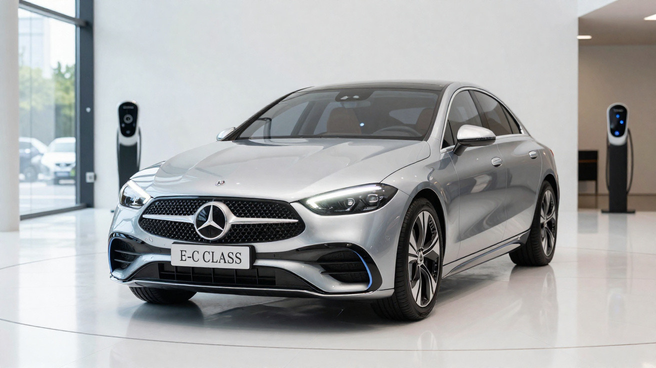 Silberner Mercedes-Benz E-Klasse Limousine in modernem Ausstellungsraum mit Elektroauto-Ladestationen.