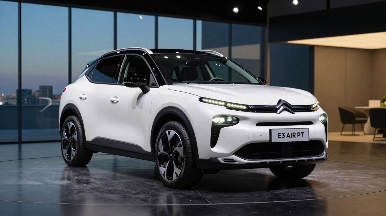 Weißer Citroën E3 Air PT SUV in modernem Showroom mit großen Fenstern und Cityblick im Hintergrund.