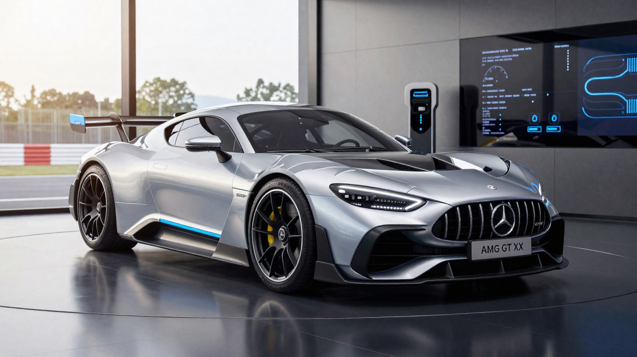 Silberner Mercedes AMG GT XX Sportwagen in moderner Ausstellung mit Ladestation und Screens im Hintergrund.