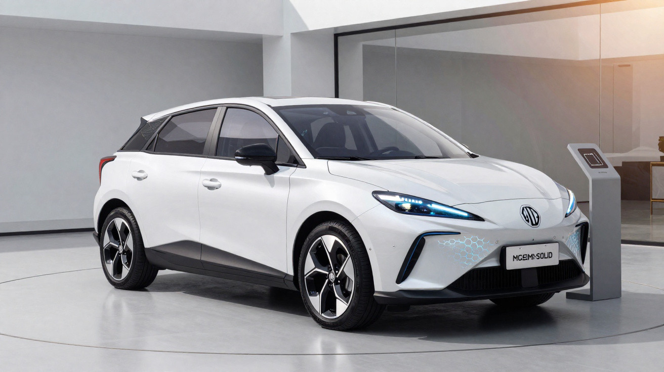 Weißes MG5 Elektroauto in moderner Ausstellungshalle mit futuristischem Design und LED-Scheinwerfern.