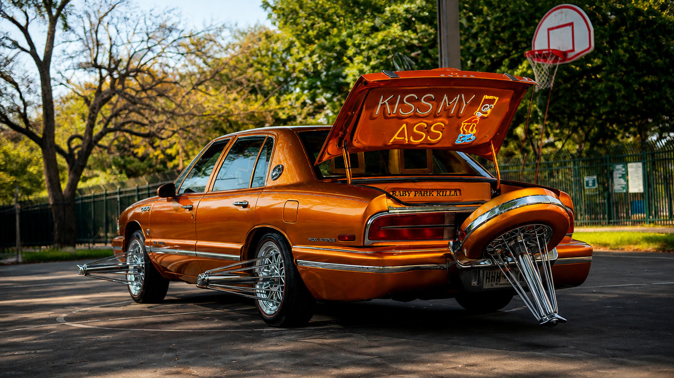 Oranger Oldtimer mit offenen Kofferraum, langen Speichenrädern und Basketballkorb im Hintergrund.