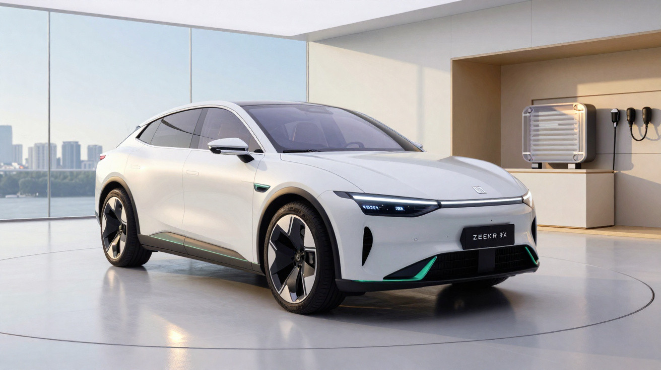 Weißes Elektroauto Zeekr 9X in modernem, hellem Showroom mit großen Fenstern und Ladevorrichtung im Hintergrund.
