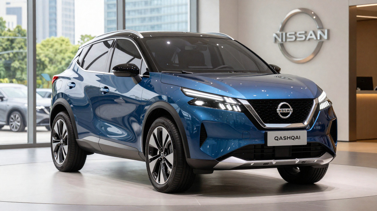 Blaues Nissan Qashqai SUV im Autohaus mit modernen LED-Scheinwerfern und glänzendem Lack.
