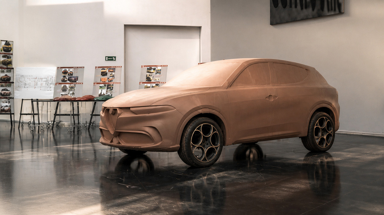 Tonmodell eines Alfa Romeo SUV auf glänzendem Boden in einem hellen Raum mit Autodesign-Skizzen im Hintergrund