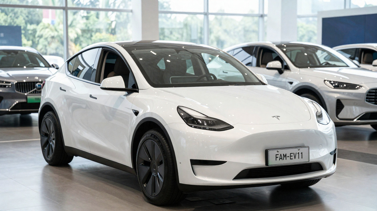Weißes Tesla Modell Y Elektroauto in einem hellen Autohaus mit weiteren Fahrzeugen im Hintergrund.