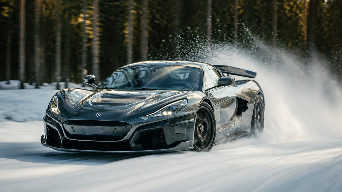 Schwarzer Supersportwagen fährt mit hoher Geschwindigkeit über eine verschneite Straße im Wald.
