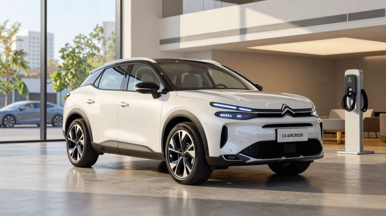 Weißer Citroën C5 Aircross SUV in moderner Ausstellungshalle neben Ladestation für Elektrofahrzeuge.