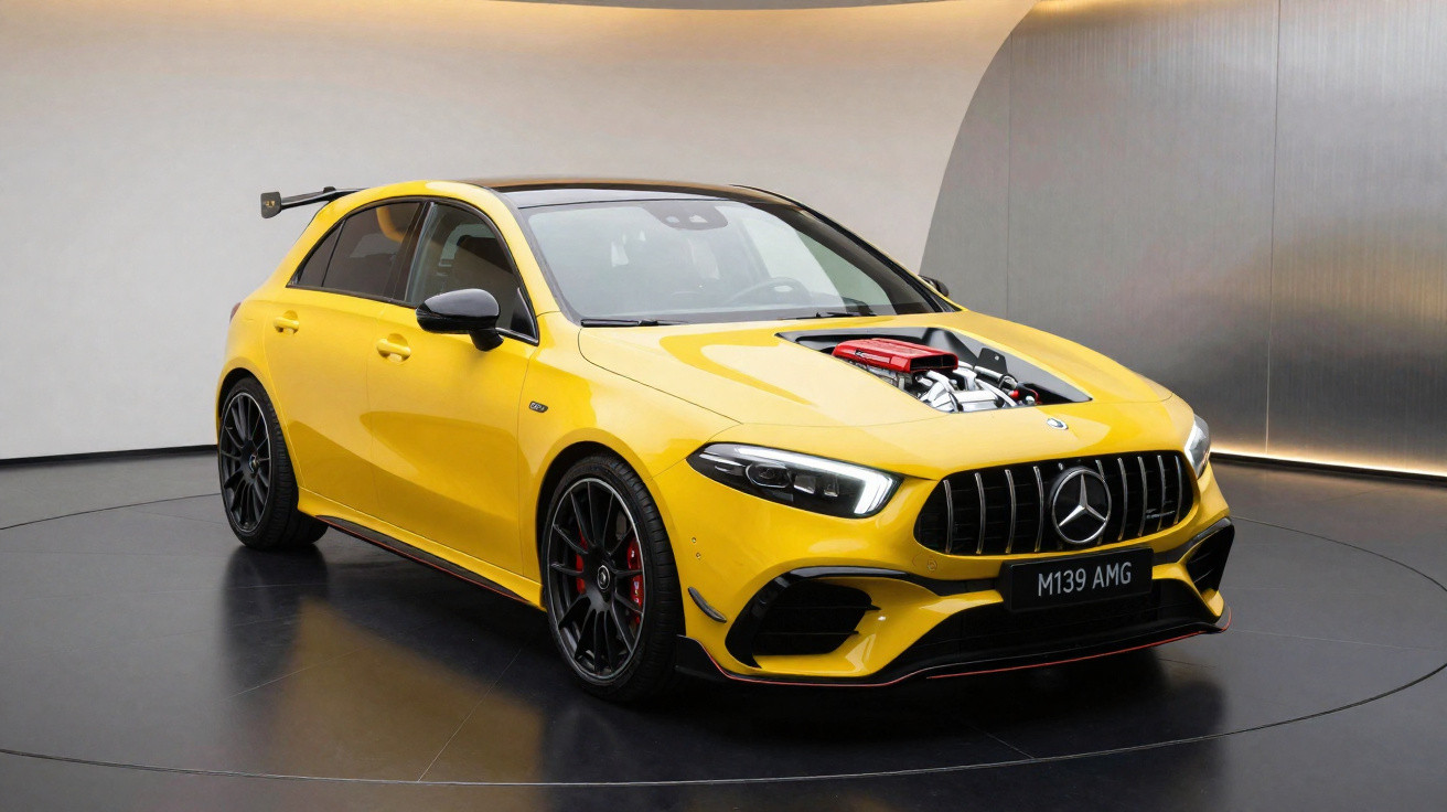Gelber Mercedes-AMG Kompaktwagen mit sichtbarem Motor im Motorraum, präsentiert in einem Ausstellungsraum.