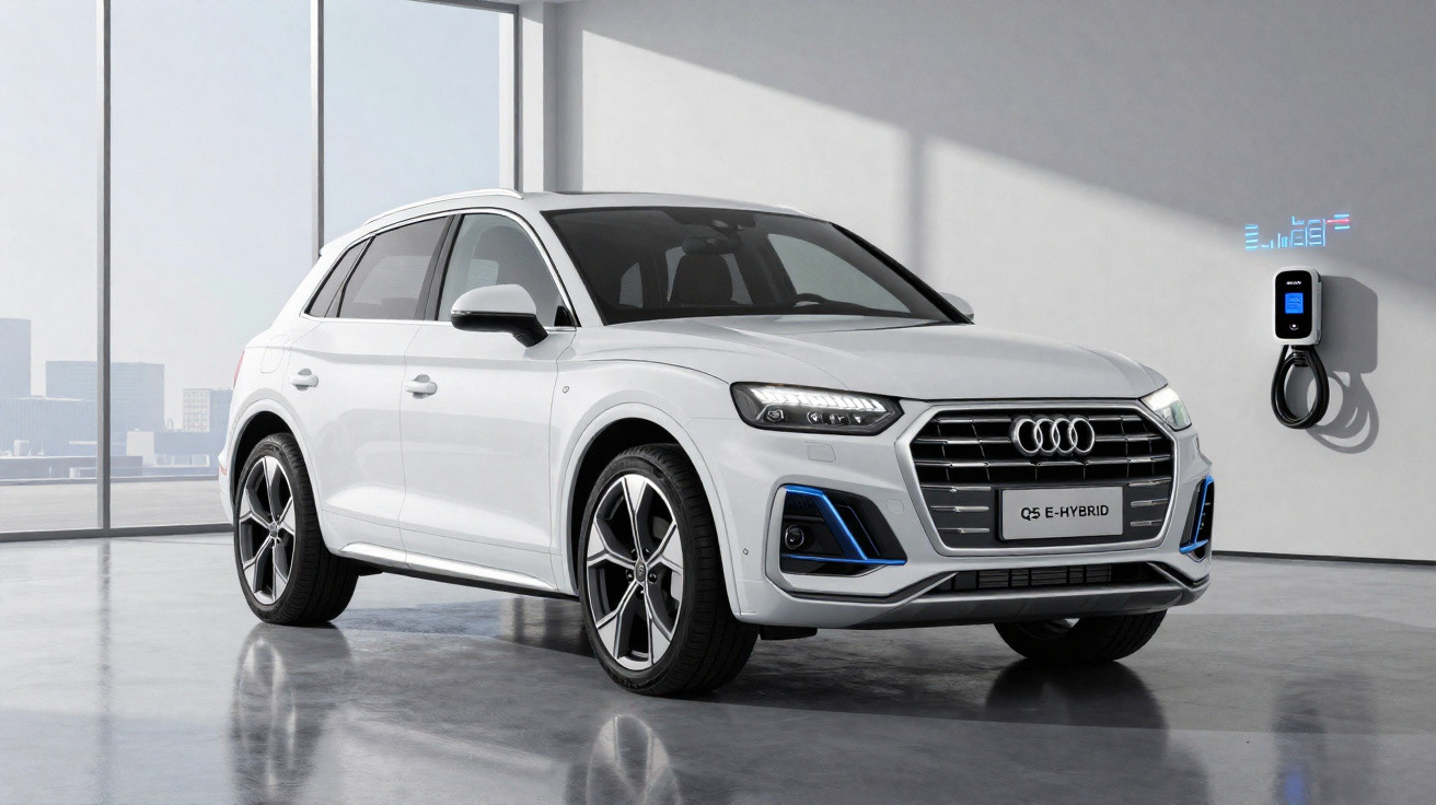 Weißer Audi Q5 E-Hybrid SUV in modernem Raum neben einer Ladestation für Elektrofahrzeuge.