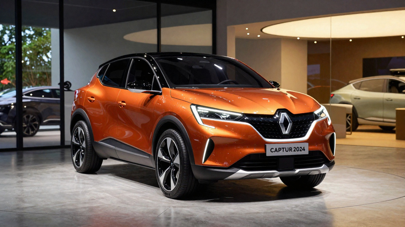 Oranger Renault Captur 2024 SUV in moderner Ausstellungshalle mit schwarzem Dach und LED-Scheinwerfern.