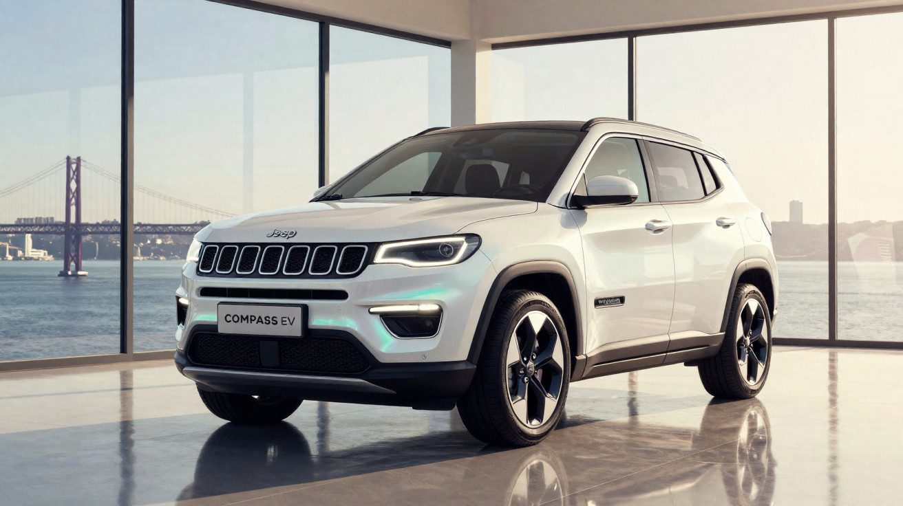 Weißer Jeep Compass EV SUV in hellem Raum mit großen Fenstern und Blick auf eine Brücke am Wasser.