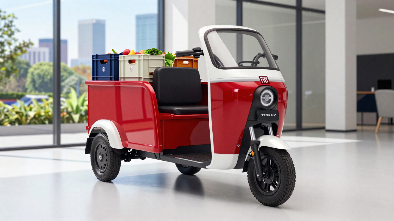 Rotes dreirädriges Elektro-Lastenmoped mit Gemüse- und Obstkisten im Innenraum eines modernen Gebäudes.