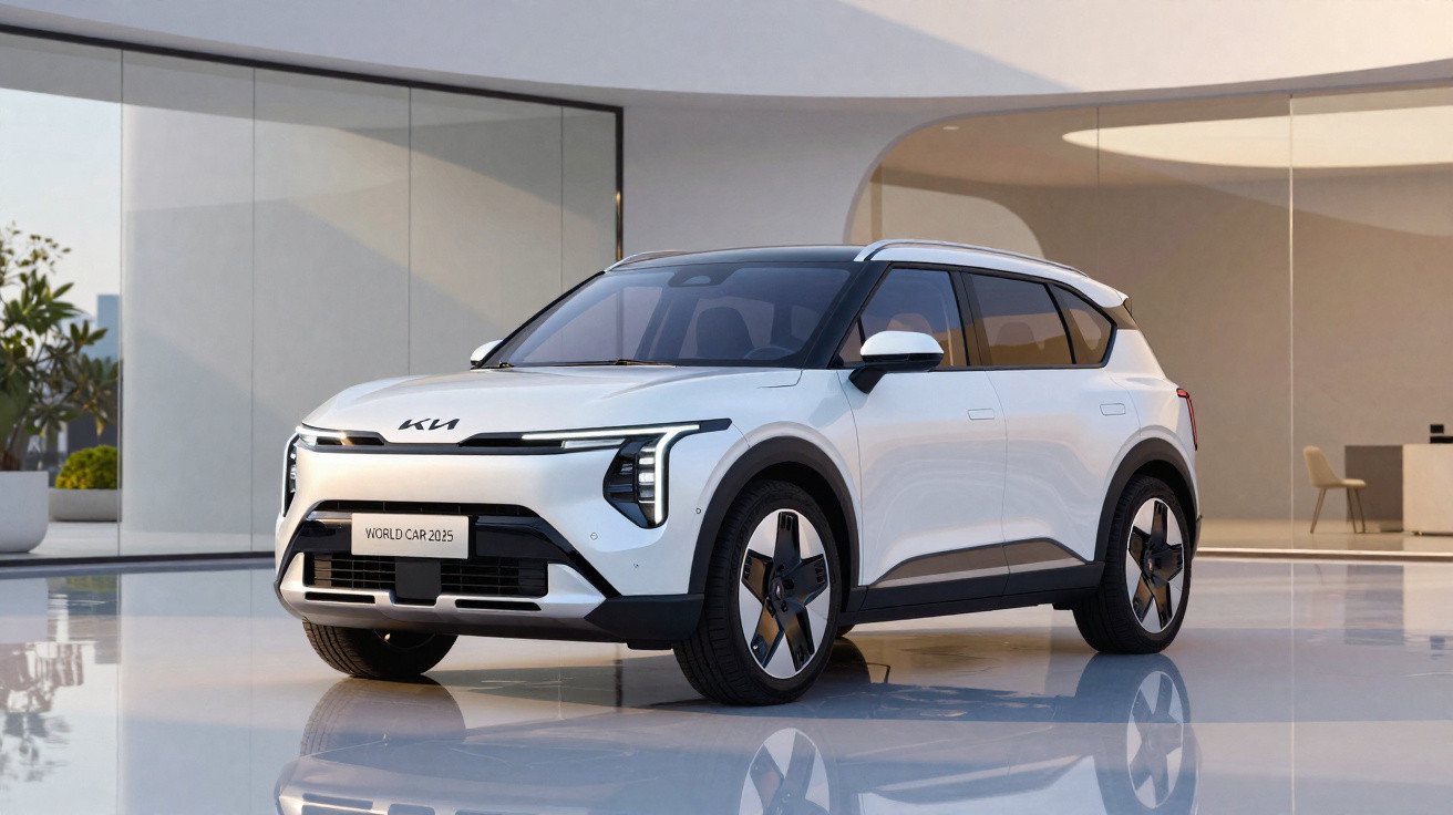 Weißes Kia Elektro-SUV, modernes Design, geparkt vor minimalistischer Glasfassade eines Gebäudes.