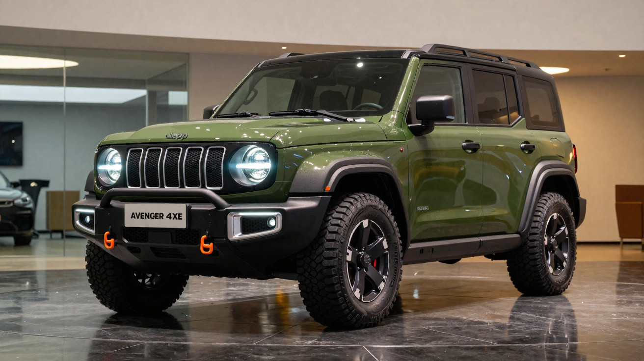 Grüner Jeep Avenger 4XE SUV mit LED-Scheinwerfern und Offroad-Reifen in modernen Innenraum-Ausstellungsraum.
