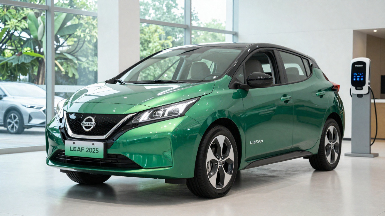 Grüner Nissan Leaf 2025 steht in hellem Autohaus neben Ladestation für Elektrofahrzeuge.