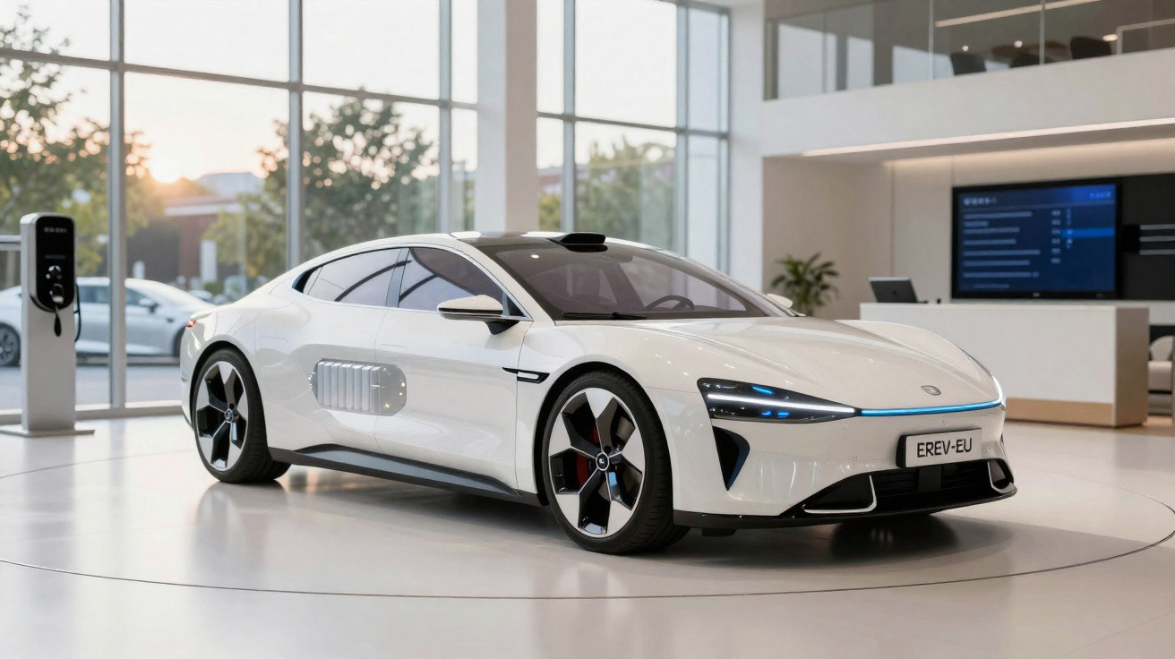 Moderner weißer Elektro-Sportwagen im Showroom mit großen Fenstern und Ladesäule im Hintergrund.