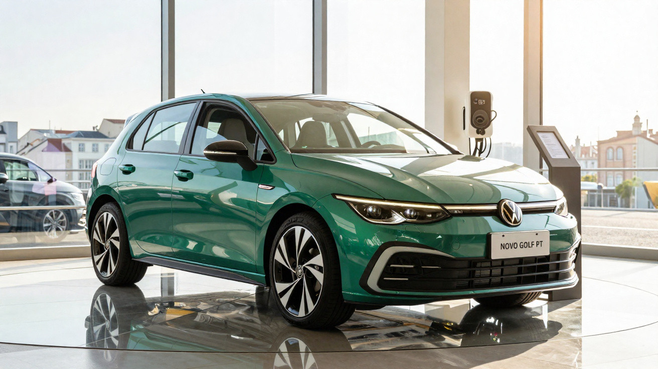Grüner VW Golf 8 als Elektroauto im Ausstellungsraum neben Ladestation bei Tageslicht.