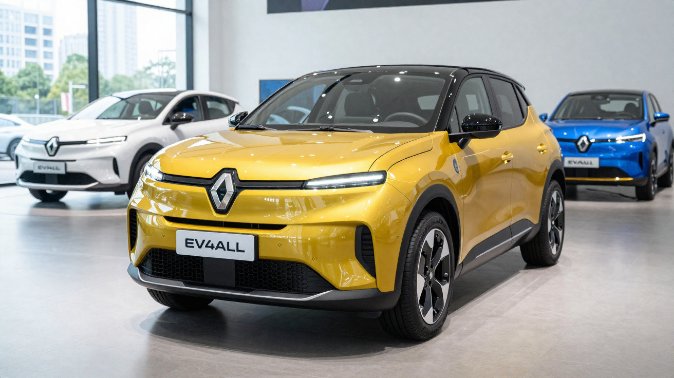 Gelber Renault EV4ALL Elektro-SUV im Vordergrund, im Hintergrund weiße und blaue Modelle im Autohaus.