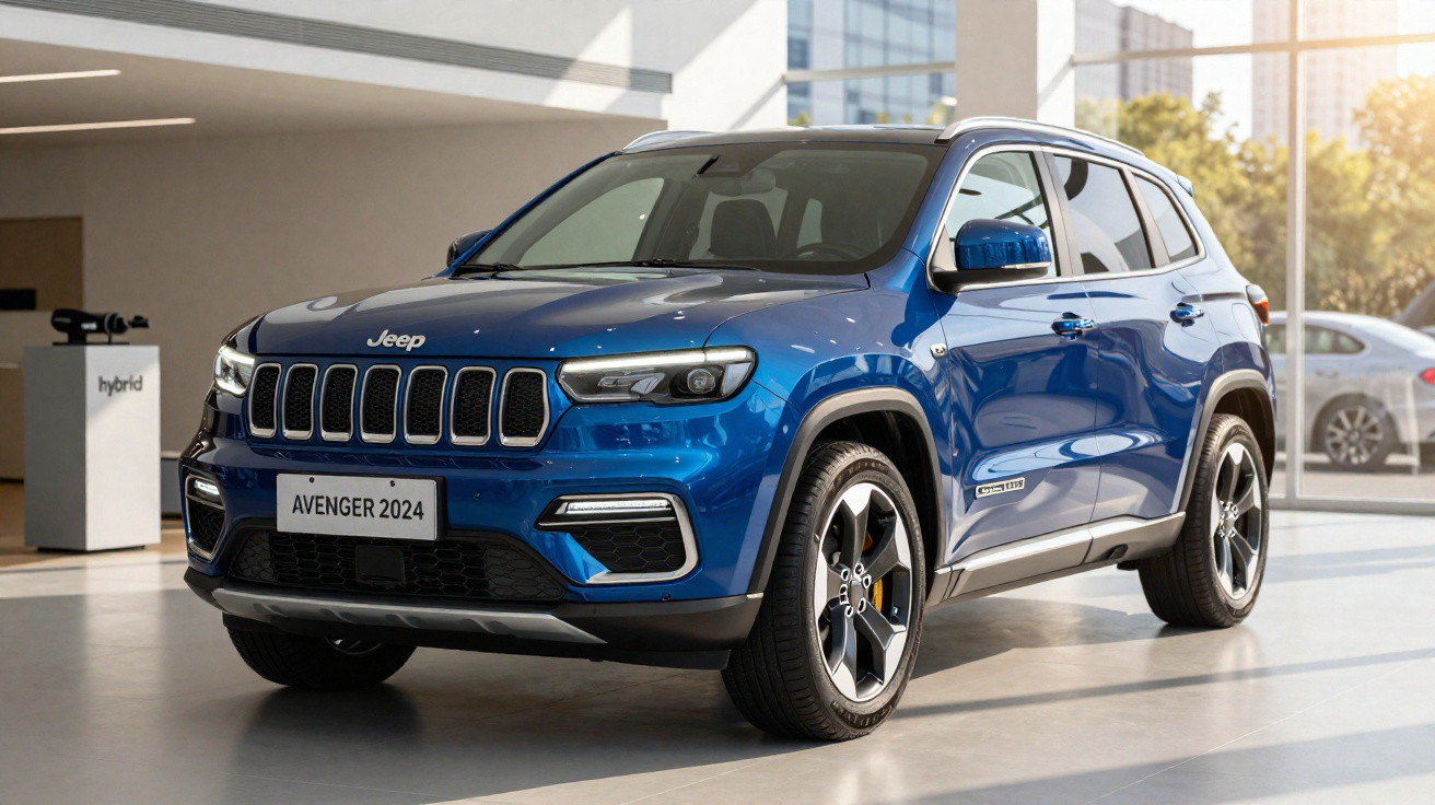 Blauer Jeep Avenger 2024 SUV im Innenraum eines Autohauses bei Tageslicht.