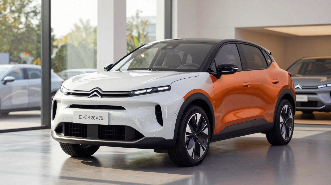 Weiß-oranges Citroën E-C3 Elektroauto in einem modernen Autohaus mit großen Fenstern.