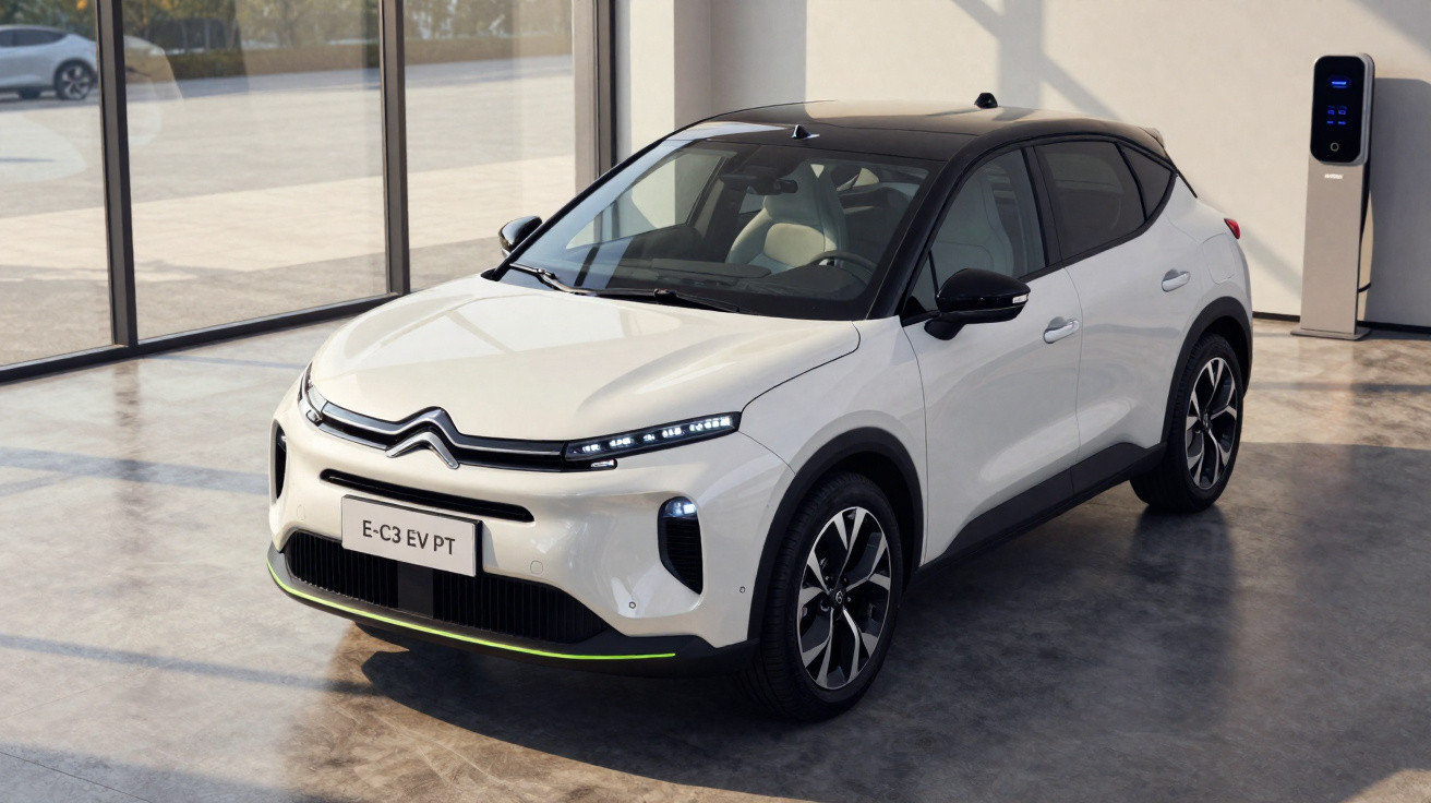Weißer Citroën E-C3 EV PT Elektro-SUV in modernem Showroom mit Panoramafenstern und Ladestation.