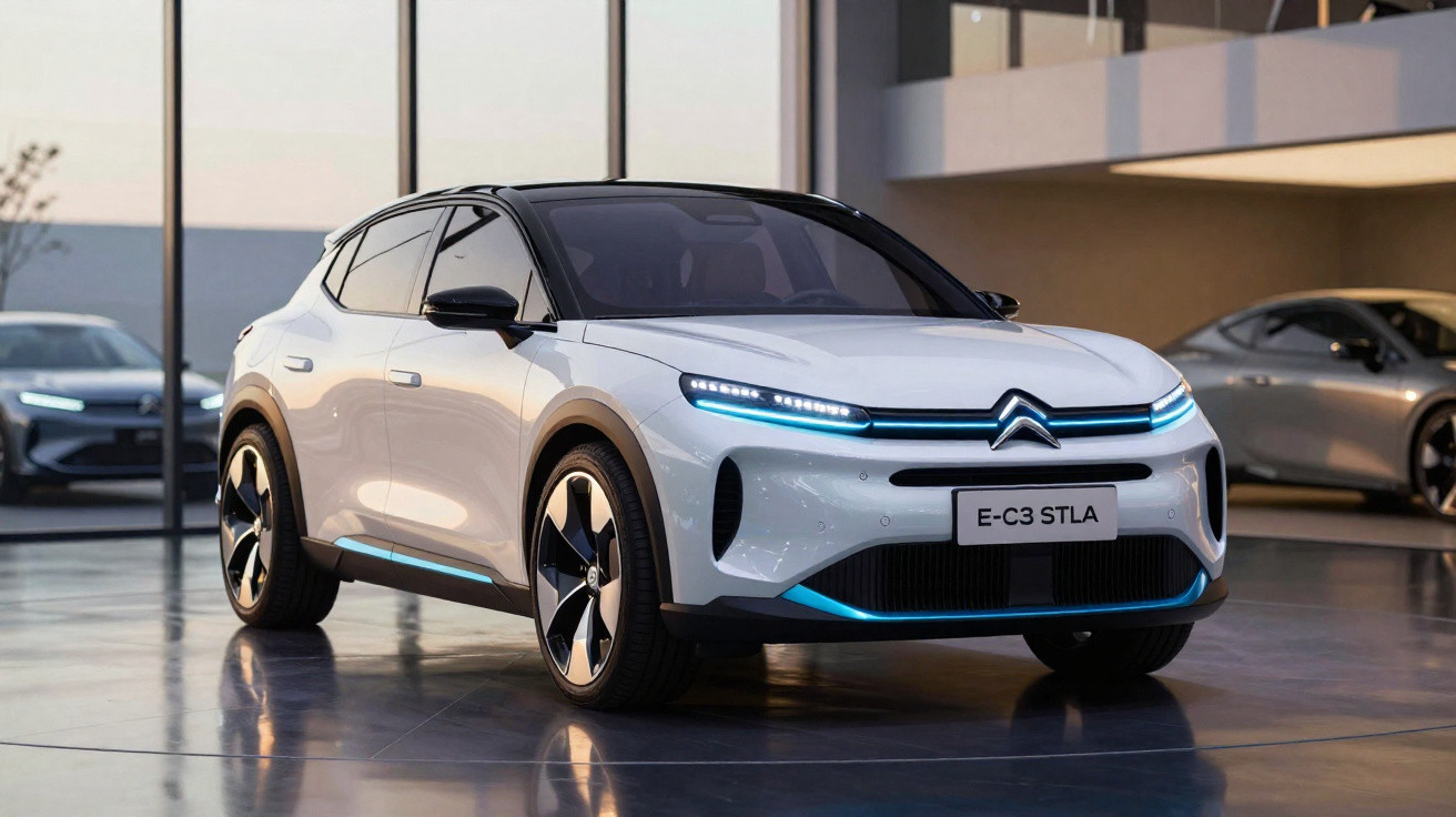 Weißer Citroën E-C3 STLA Elektro-SUV mit LED-Lichtern in moderner Ausstellungshalle.