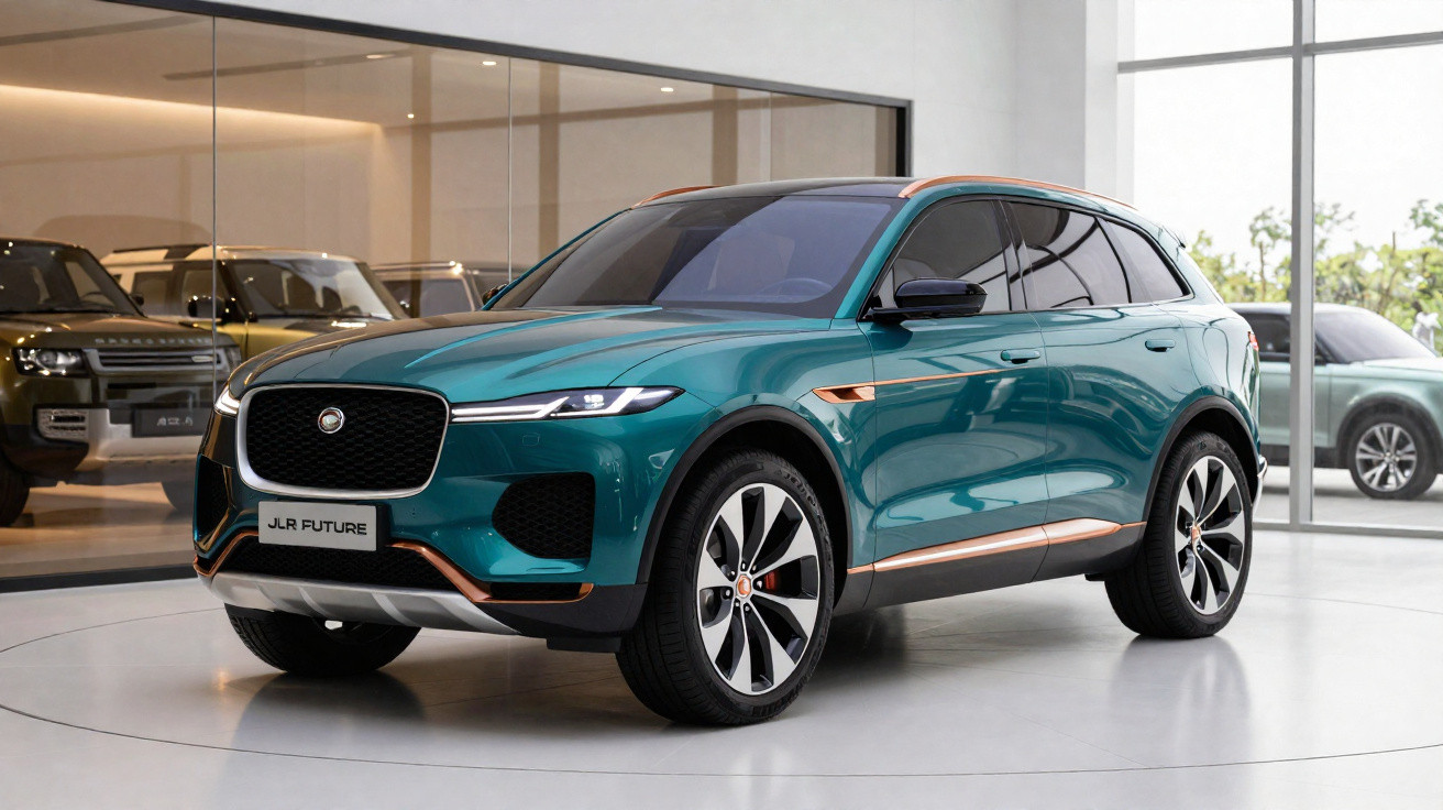 Blauer Jaguar SUV mit orangefarbenen Akzenten steht in einem hellen Autohaus mit Glasfront.