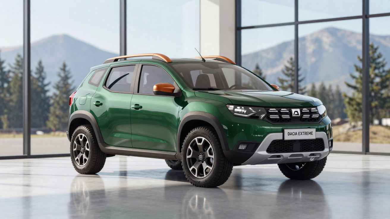 Grüner Dacia Extreme SUV mit orangen Akzenten in moderner Glasgarage vor Bergkulisse.
