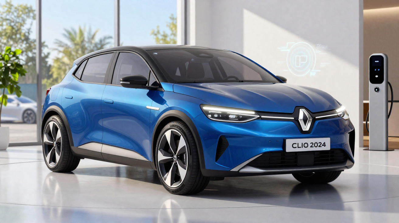 Blauer Renault Clio 2024 Elektroauto in modernem Raum neben Ladestation und Pflanzen.