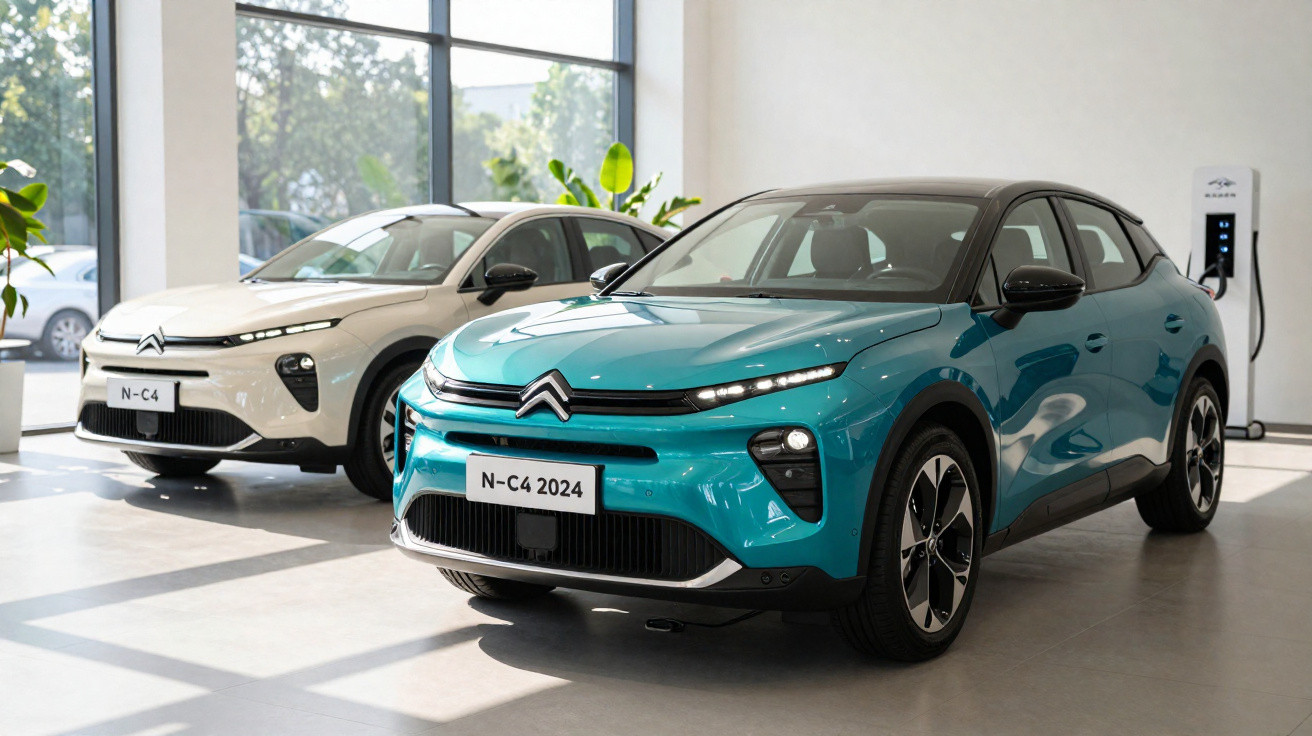 Zwei Citroën N-C4 Elektroautos, ein türkisfarbener und ein weißer, stehen in einem hellen Ausstellungsraum.