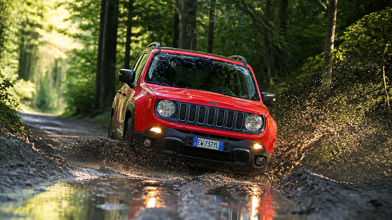 Roter Jeep fährt durch schlammige Waldstrecke und spritzt Wasser auf beiden Seiten hoch.