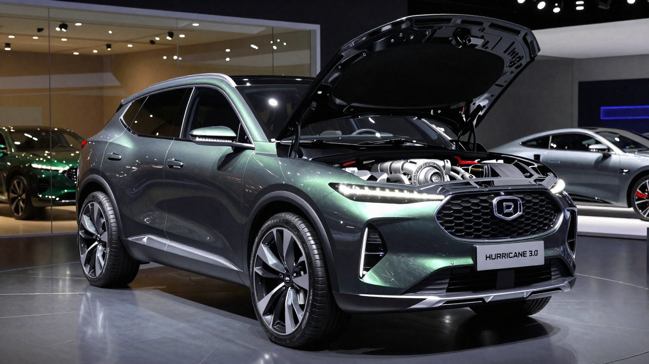 Dunkelgrüner SUV mit geöffneter Motorhaube, Modell Hurricane 3.0, auf einer Autoausstellung.